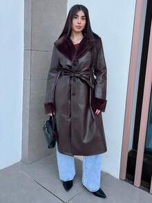 Hitanina Women's Fluffy Panel Front Button Closure Long Sleeve Casual PU Leather Trench Coat Fall Winter Cloth For Women - Brown - View 1