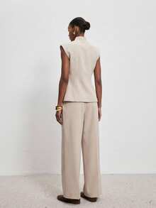 ATUI Studio Conjunto de top asimétrico sin mangas de cuello en V y pantalones anchos de pierna ancha para mujer, de moda para ir al trabajo - Caqui - Ver 3