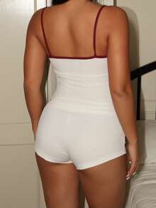 女士时尚撞色滚边吊带背心短裤睡衣套装，夏季 - 白色 - 查看 2