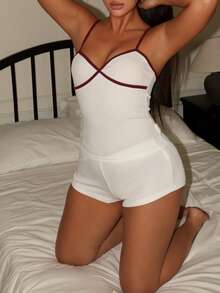 女士时尚撞色滚边吊带背心短裤睡衣套装，夏季 - 白色 - 查看 5