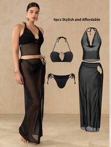 Swim Oasis 女士夏季沙滩纯色金属装饰吊带系带性感比基尼套装，含吊带上衣和纱笼裙 - 黑色 - 查看 7