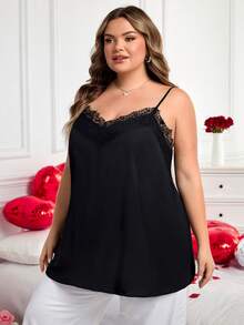 SHEIN CURVE+ 加大码/情人节/大码女式纯色撞色蕾丝吊带背心 - 黑色 - 查看 5