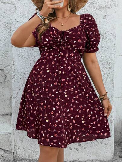 SHEIN VCAY Plus Size Women's Black Floral Heart Neck Sundress, Front Drawstring Short Sleeve Mini Dress, Summer Dresses