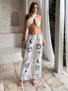 Aloruh Vacation Print Elastic Waist Straight Leg Casual Pants - Blue and White - View 3