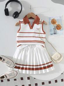 SHEIN Playful Pals 女童休闲简约学院风POLO领无袖短条纹字母印花背心套装，搭配松紧腰A字百褶短裙，返校季穿搭 - 棕色 - 查看 3