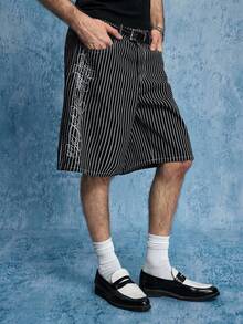 ROMWE MEN Street Life Men's Striped Letter Embroidered Pocket Casual Denim Shorts - Black - View 1