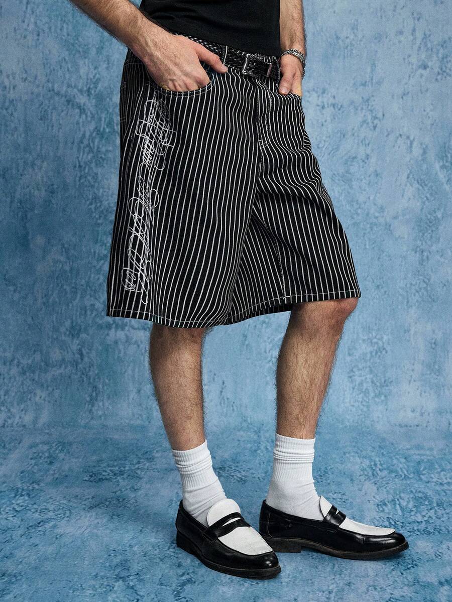 ROMWE MEN Street Life Men's Striped Letter Embroidered Pocket Casual Denim Shorts - Black - View 1