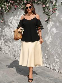 大码夏季休闲网纱拼接露肩短袖衬衫/夏季/度假/优雅，适合波西米亚风沙滩正式场合 - 黑色 - 查看 6