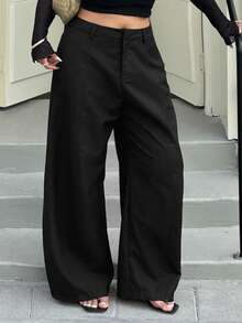 Dazy Plus Plus Size Women Casual Everyday Commute Simple Solid Color Loose Wide Leg Pants - Black - View 1
