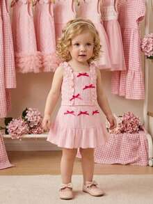 SHEIN Setelan Musim Panas Bayi Perempuan, Atasan Camisole Motif Bunga Lucu + Rok Menggemaskan, 2 Potongan - Berwarna merah muda - View 9