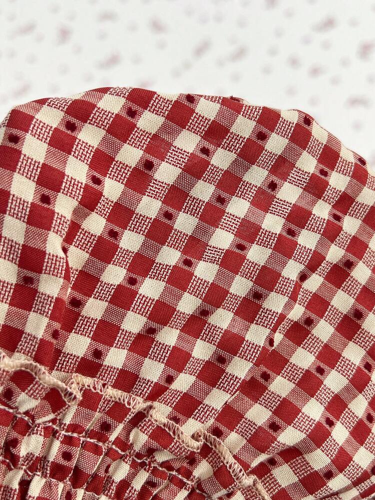 Red & White Plaid Polka Dot Cute Bow Decor Blouse - Red and White - View 7