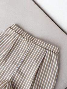 Firerie Kids Firerie Kids Tween Girl Casual Khaki Striped Metal Decor Backless Crop Top And Shorts Set, Commuting Outfit - Khaki - View 4