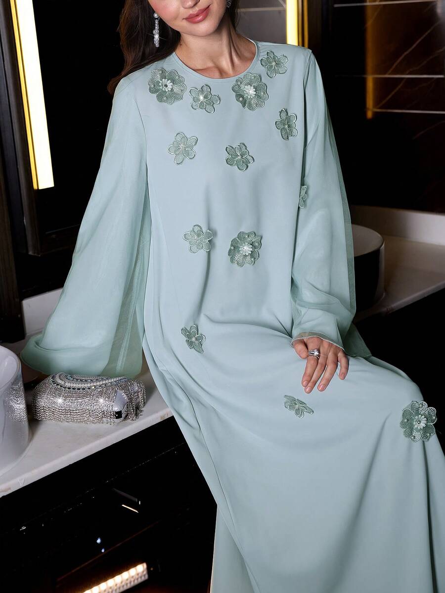 Yasmyna Women's Elegant Romantic Floral Print Flared Long Sleeve Maxi Cardigan - Green - View 1