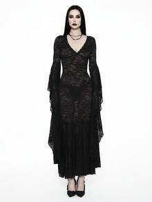 Glisette Women's Y2K Gothic Lace V-Neck Flare Sleeve Elegant Dress Party Night Out Black Floral Autumn - Black - View 3