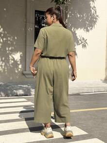 Muchica Plus Size Women's Solid Color Short Sleeve Button Design Cargo Pocket Jumpsuit, Spring/Summer - Army Green - View 2