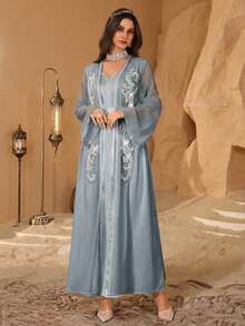 Al Najma Satin Solid Color Ribbon Decor, Adorn With Luxurious 3D Floral, Waist-Cinching Elegant 2 In 1 Arabian Dress - Blue - View 5