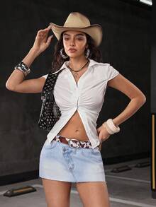 Jeanoix 女士不对称腰部口袋毛边下摆休闲牛仔裙 - 淺色水洗藍 - 查看 6