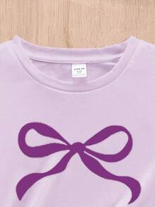 Purple Striped Bow Print, Tween Girls Casual Loungewear Set, Round Neck Short Sleeve Top And Loose Pants, 2pcs,Kids - Multicolor - View 4
