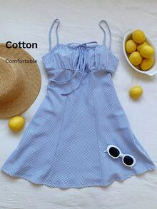 SHEIN EZwear 蓝色条纹编织吊带迷你连衣裙 - 藍白色 - 查看 2