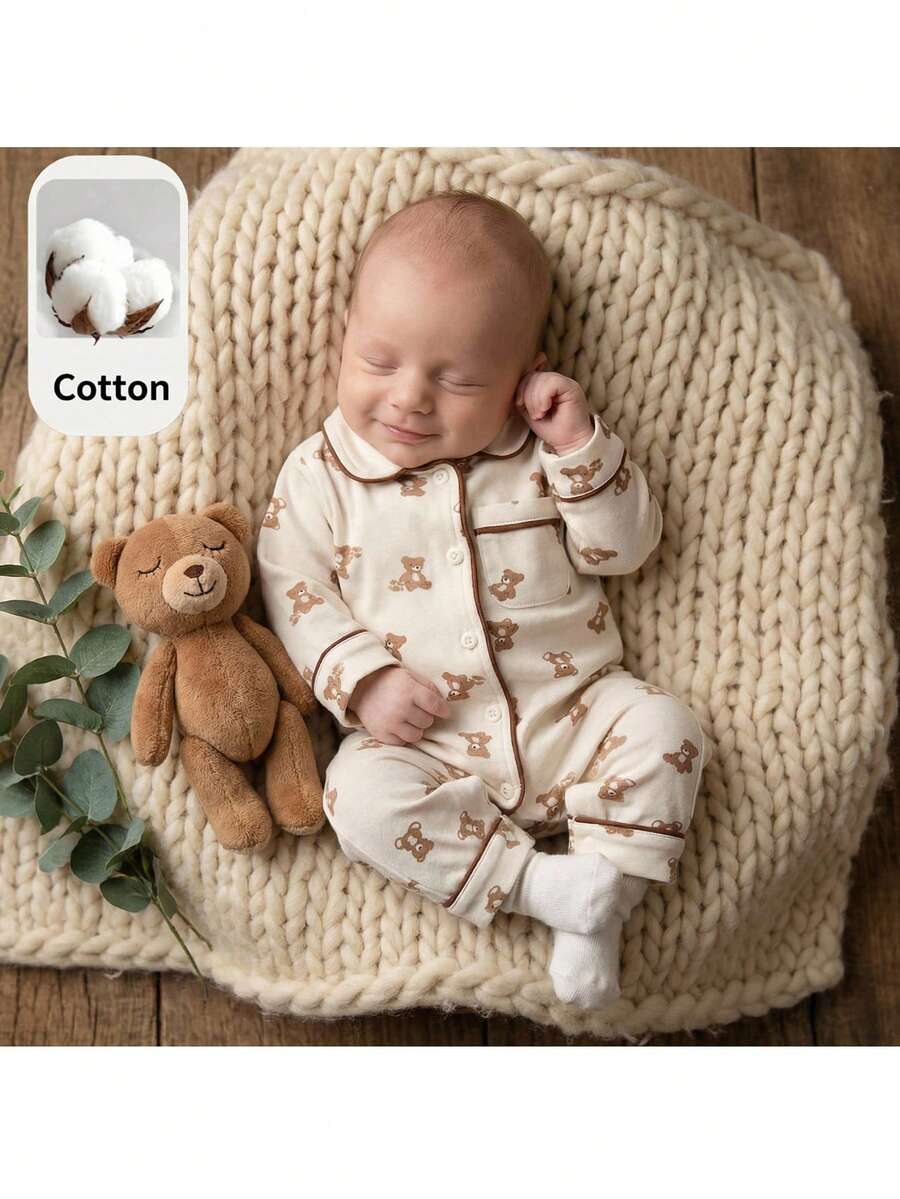 Loomiva 新生女宝宝卡通动物图案针织柔软领长袖连体衣 - 卡其色 - 查看 1