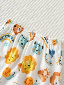 SHEIN 2pcs Baby Boy Casual Cute Cartoon Animal Pattern Knit Soft Collar Short Sleeve Shirt Top And Shorts Pajama Set, Suitable For Spring And Summer - Multicolor - View 6