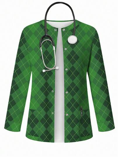 PopScrub Chaqueta de quirófano con estampado de rombos verdes, diseño de cárdigan de moda con pendientes colgantes para mujeres y enfermeras, adecuado para vacaciones y uso diario, primavera/verano