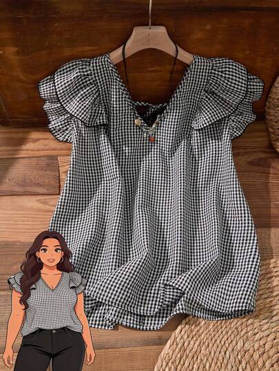 EMERY ROSE Plus Size Women's Summer Casual Vacation Country V-Neck Double Layer Cap Sleeve Plaid Shirt Blouse Top, Early Spring,Spring Break Outfits ,Vacation Outfits Women ,Holiday Outfits For Women,Spring Clothes Women,Going Out Outfits,2026 New Clothes,Simple And Fashionable For Everyday Wear,Back Straps And Button Design Shirt,Casual Vacation Boho Top