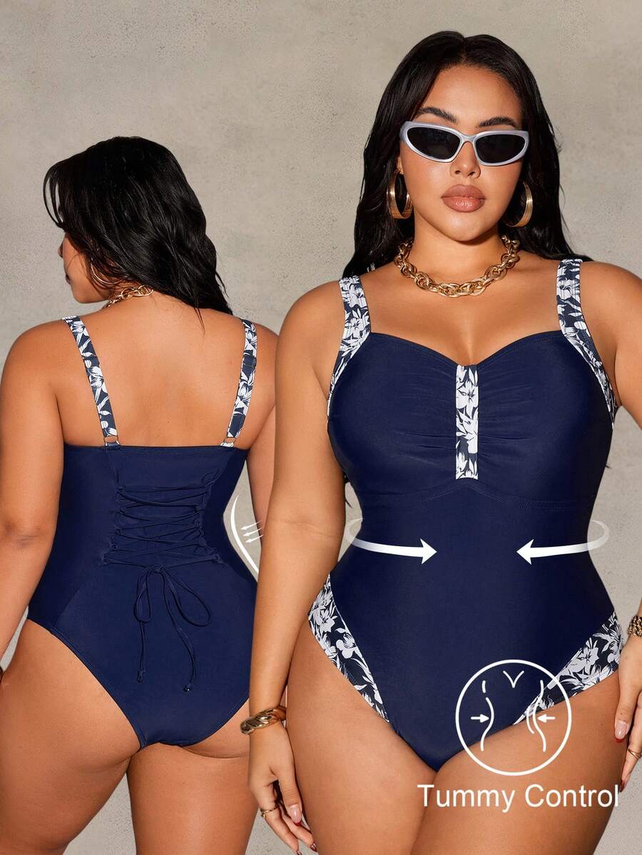 Shapewave 2026 New Summer Beach Vacation Casual Conservative Drawstring Back One-Piece Plus Size Swimsuit - Blue and White - View 1