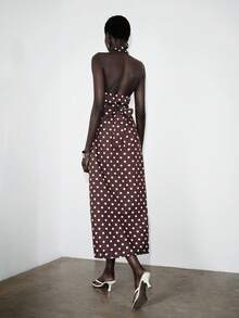 Lumivelle Women's Sleeveless Polka Dot Belted Dress With Mandarin Collar And Open Front - Dark Brown - View 2