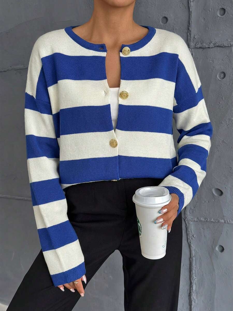SHEIN Cottnline 优雅撞色条纹圆领长袖金色纽扣细节开衫 - 寶藍色 - 查看 1