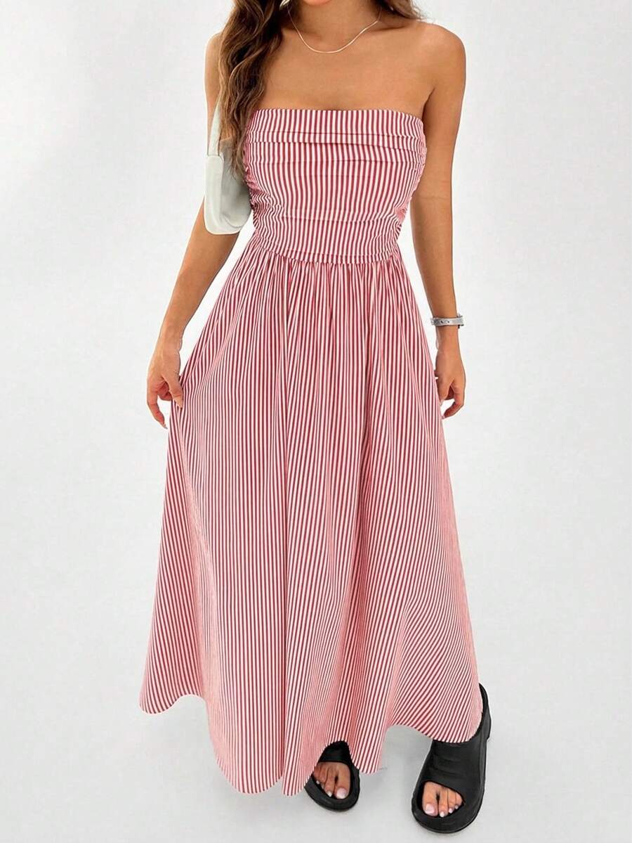 SHEIN EZwear Đầm quây eo kẻ sọc kiểu dáng thường ngày dành cho nữ, mùa hè. - Đỏ - Xem 1