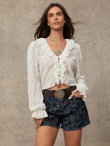 WESTFADE Jacquard Paisley Denim Button Mid Rise Frayed Short Spring, Summer, Resort Wear, Festival, Cowgirl, Cute, Boho - Blue - View 3