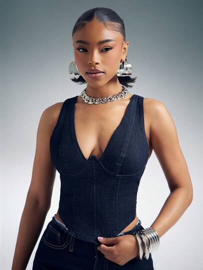 Denimoi Corset en denim stretch à lacets dans le dos, top sexy en denim, corset en denim, total look denim à la mode