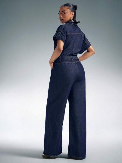 Denimoi Wide Leg Short Sleeve Collared Denim Jumpsuit Fashionable Denim Brunch Outfits Wide Leg Denim