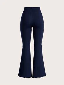 SHEIN Tall CURVE 加大码高个女式荷叶边弹力喇叭裤 - 藏蓝色 - 查看 2
