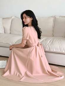 DAZY Women's Square Neck Waist Cinched Mesh Patchwork Mid-Length Dress - Pink - View 4