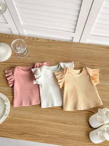 3pcs Newborn Baby Girl Cute Casual Versatile Solid Color Ruffle Trim Knit Top Set - White - View 6