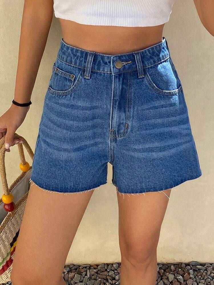 Women's High Waist Pocketed Frayed Hem Casual Versatile Denim Shorts Jorts Summer