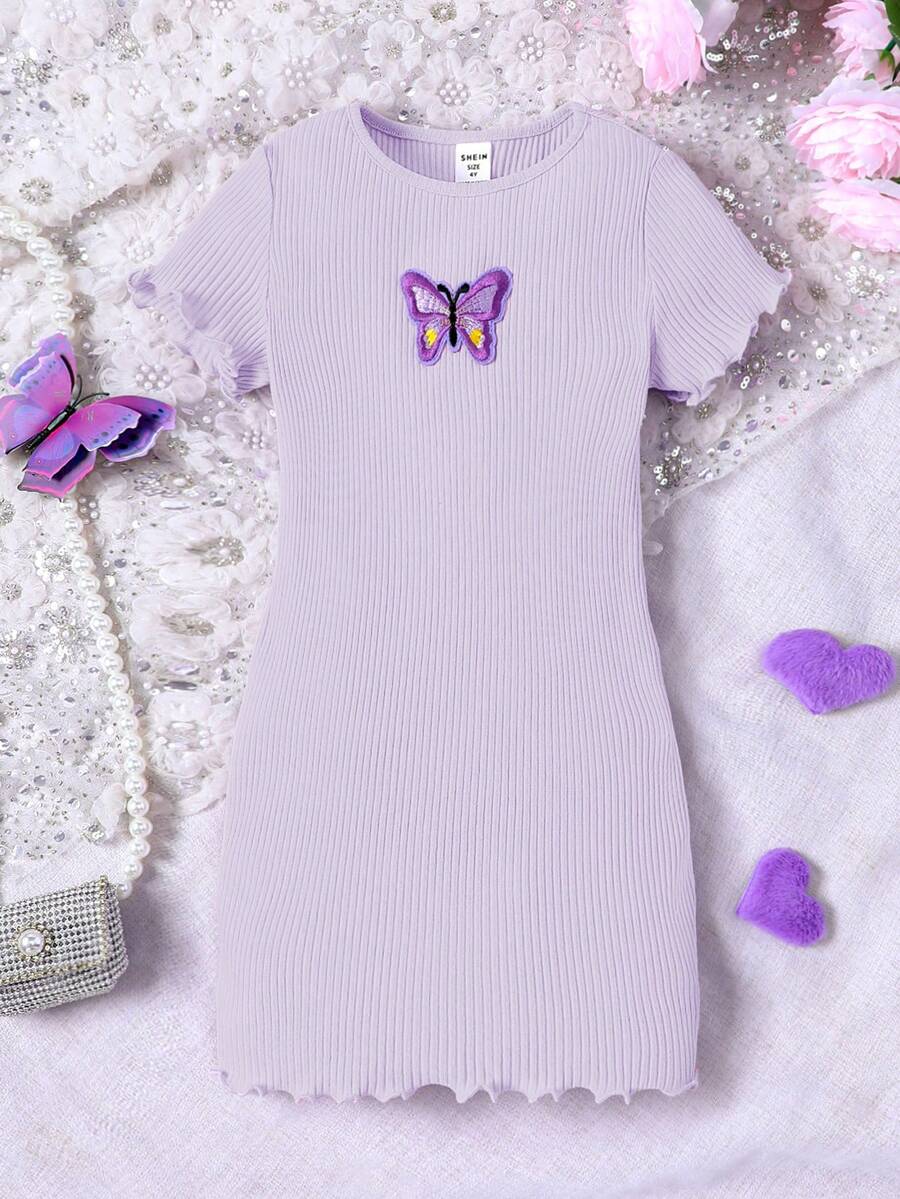 Tween Girl Basic Casual Spring/Summer Knit Round Neck Fitted Butterfly Applique Dress - Mauve Purple - View 1