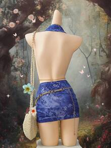 EgrlEra Women's Halter Metal Chain Mesh Overlay Dress Blue Short Dress Sexy Blue Dress Women Blue Beach Dress Halter Cowl Neck Dress Patterned Blue Dress - Blue - View 4