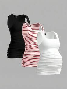 Modmama 3pcs/Set Maternity Round Neck Pleated Casual Versatile Daily Wear Tops - Red - View 5