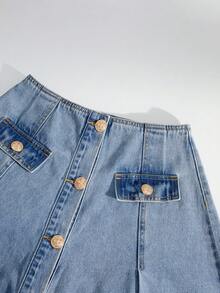 GlowEve 女士纯色简约纽扣装饰A字牛仔裙 - 淺色水洗藍 - 查看 3