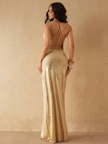 Silquee 女士纯色深V领优雅开衩下摆无袖露背罩衫 - 金色 - 查看 2