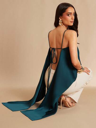 Silquee 纯色橄榄绿细肩带露背优雅性感成熟女士吊带背心，适合浪漫约会、郊游、海滩度假、通勤、新年、圣诞节、情人节、日常穿着。