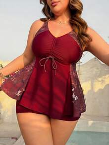 Swim Lushoire 新款印花拼接显瘦露背泳衣上装+高腰收腹泳裤，优雅复古两件套泳衣，大码女士露背比基尼 - 紅色 - 查看 3