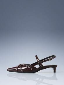 CUCCOO GRLICON Burgundy Patent Leather Pointed Slingback Metal Buckle Kitten And Women's High Heels - Brown - View 2