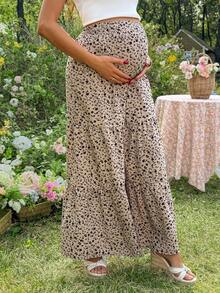 SHEIN Maternity Summer Ditsy Floral Loose Wide-Leg Pants - Khaki - View 3