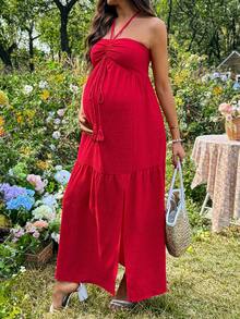 SHEIN Vestido Casual de Maternidade Cor Sólida com Decote Halter e Costas Abertas - Vermelho - Visão 4