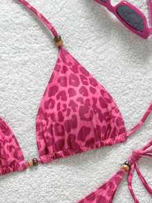 Soleia 女士豹纹撞色系带串珠装饰比基尼两件套，度假装 - 玫紅色 - 查看 4