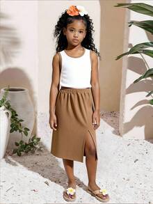 2pcs/Set Young Girls Ivory Ribbed Knit Tank Top And Khaki Skirt, Children Casual Minimalist Daily Outfit, Summer - White - View 3